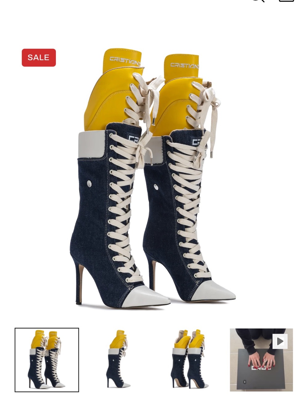 Authentic Cristian Zerotre Denim & Yellow Lace-Up Stiletto Boots